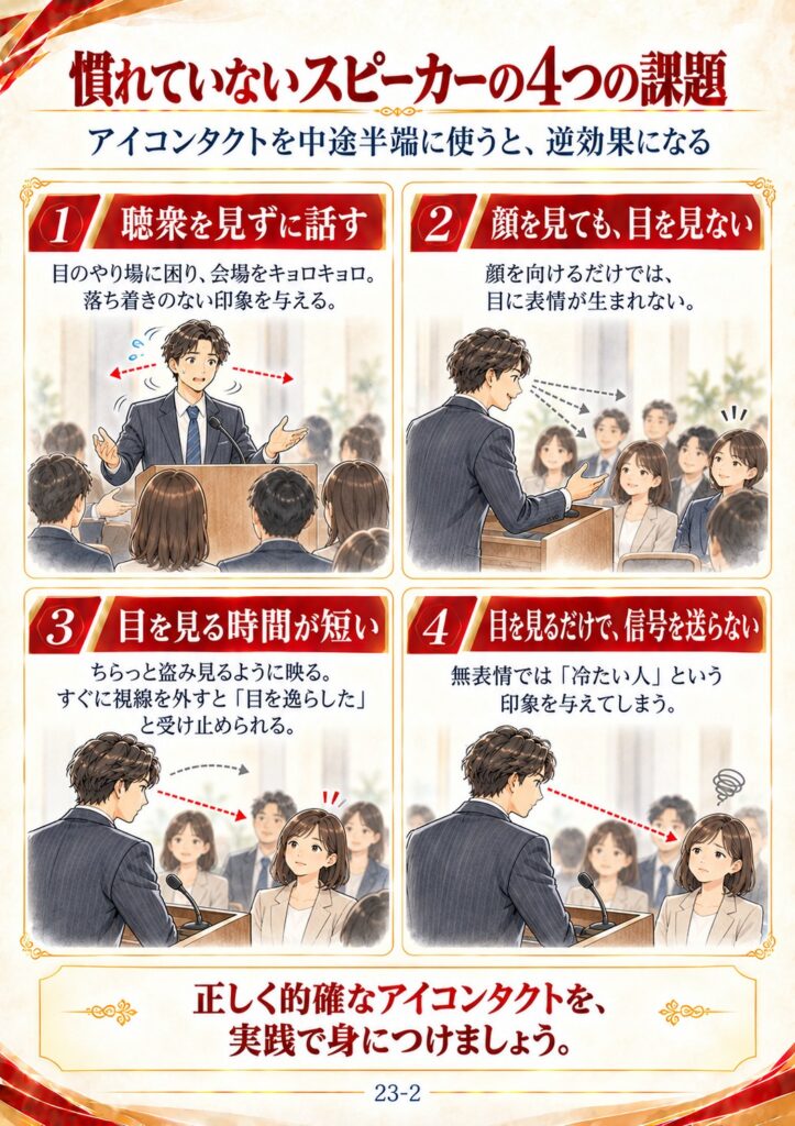慣れていないスピーカーの4つの課題：聴衆を見ずに話す／顔を見ても目を見ない／目を見る時間が短い／目を見るだけで信号を送らない