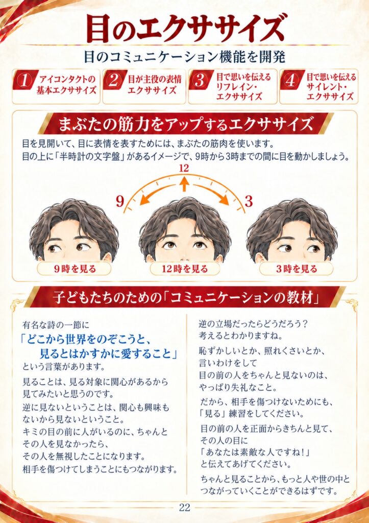 目のエクササイズ4種類と、まぶたの筋力をアップするエクササイズ（半時計の文字盤）