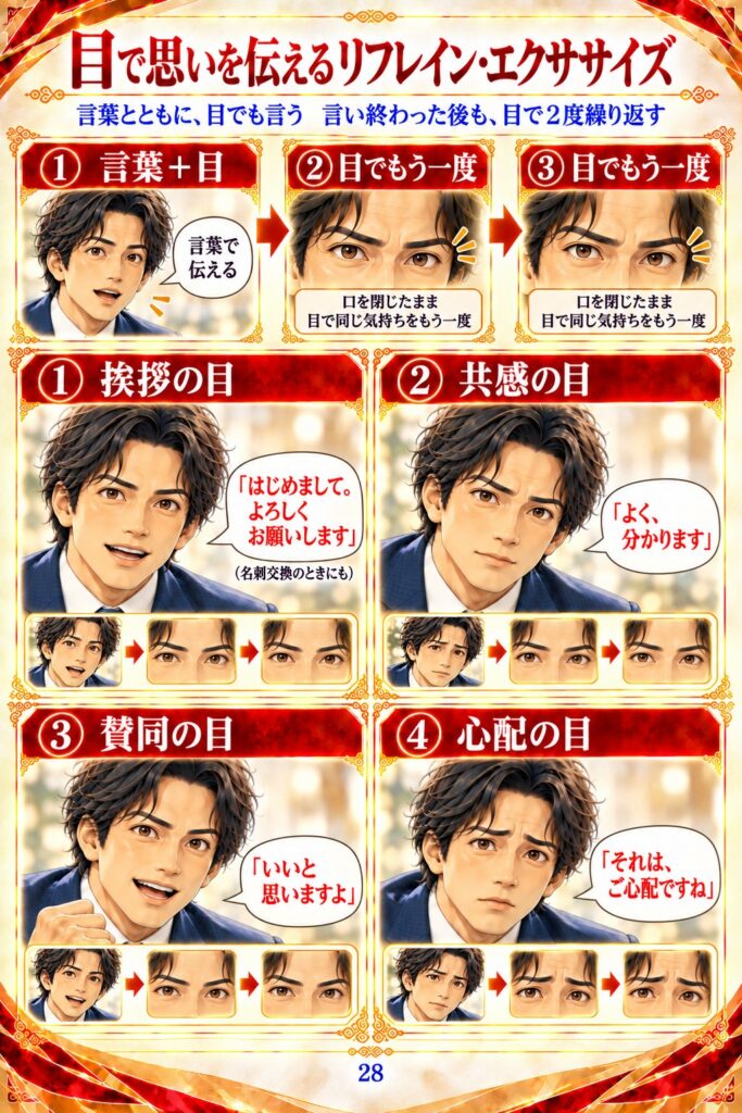 目で思いを伝えるリフレイン・エクササイズ：言葉＋目、口を閉じたまま目でもう一度。挨拶・共感・賛同・心配の目
