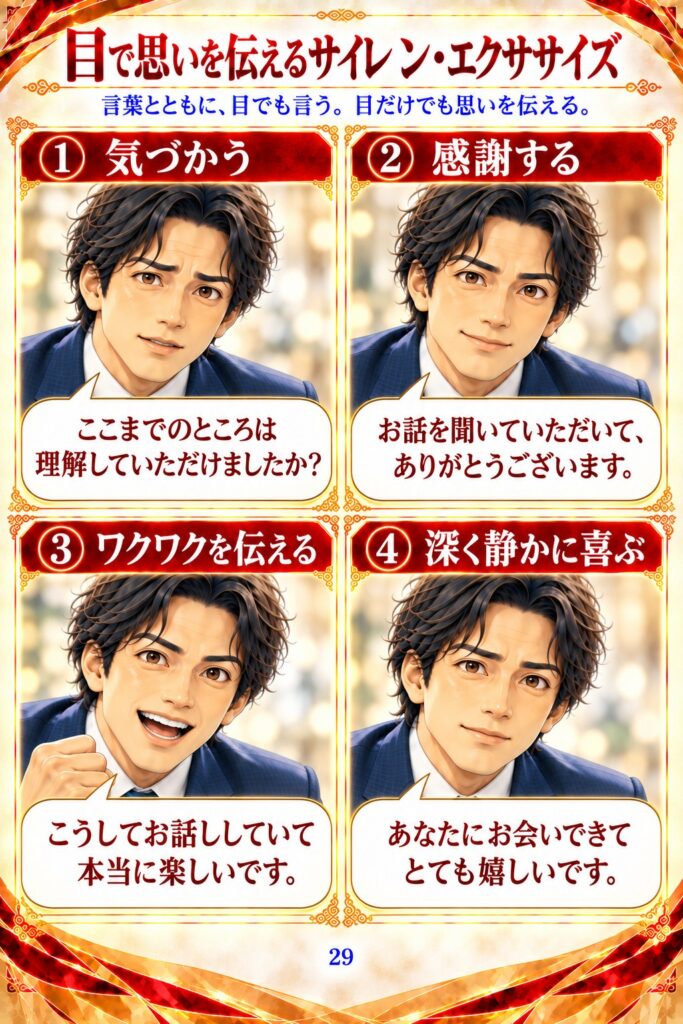 目で思いを伝えるサイレント・エクササイズ：気づかう・感謝する・ワクワクを伝える・深く静かに喜ぶ