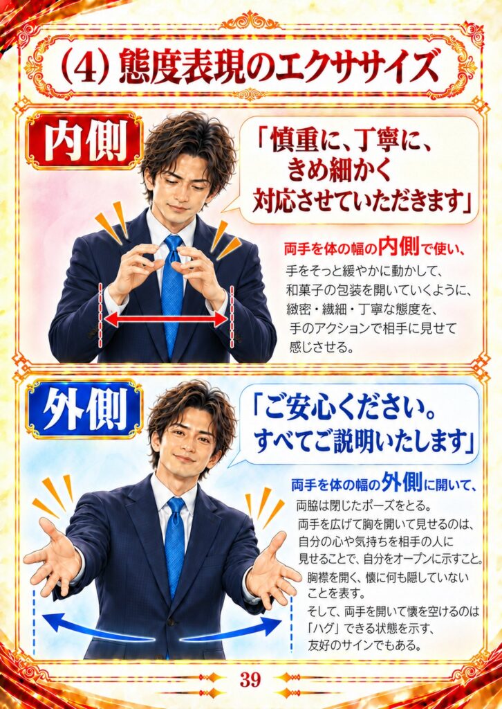 態度表現のエクササイズ：両手を体の幅の内側で使う／外側に開く