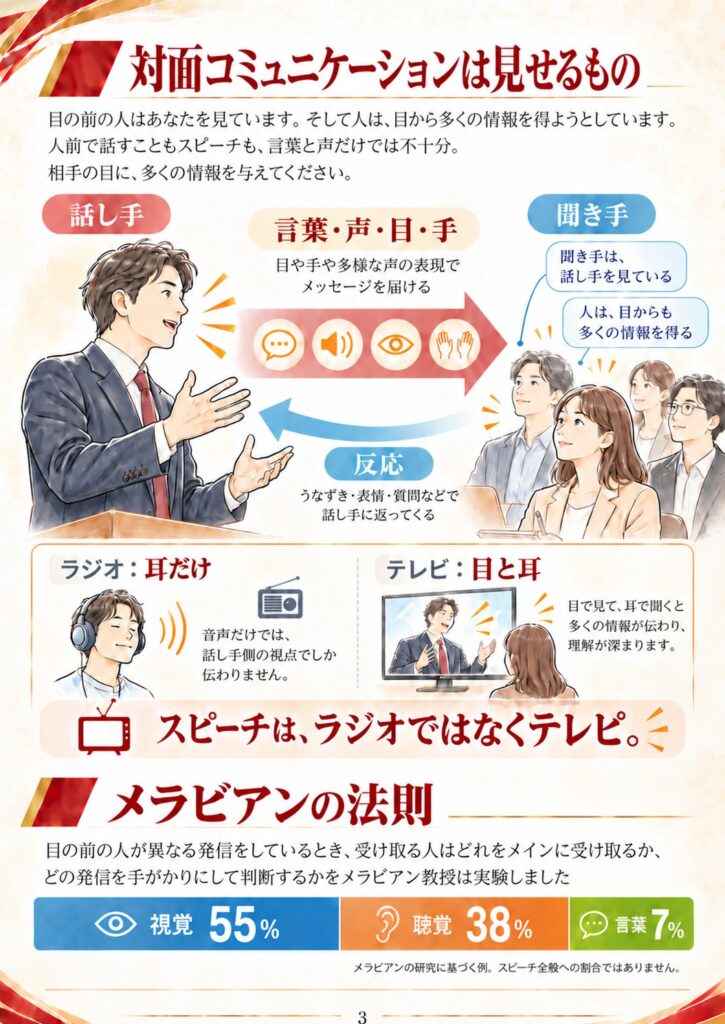 対面コミュニケーションは見せるもの：話し手は言葉・声・目・手で伝え、聞き手は話し手を見ている。スピーチはラジオではなくテレビ。メラビアンの法則