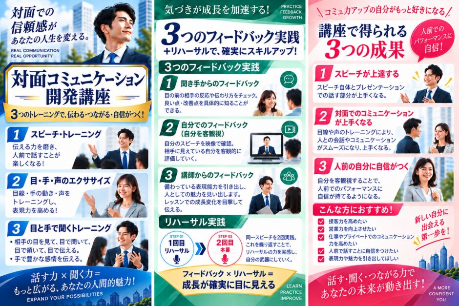 対面コミュニケーション開発講座（3つのトレーニング・3つのフィードバック実践とリハーサル・講座で得られる3つの成果）