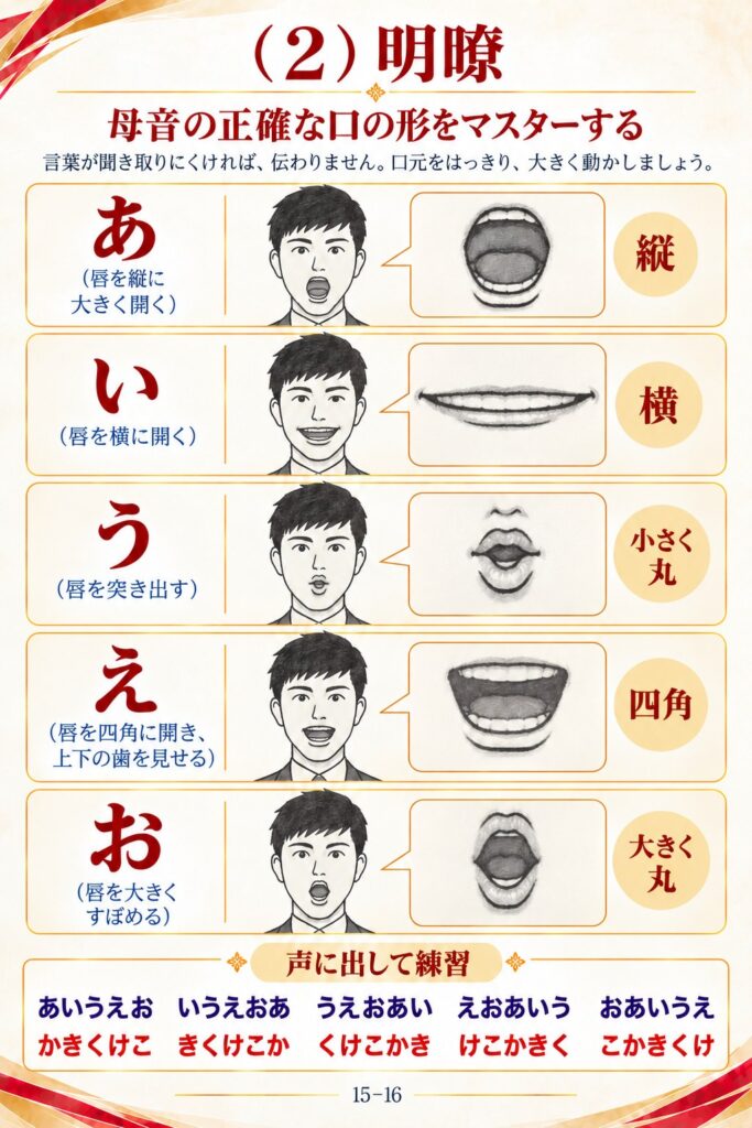 明瞭：母音あいうえおの正確な口の形と、声に出して練習