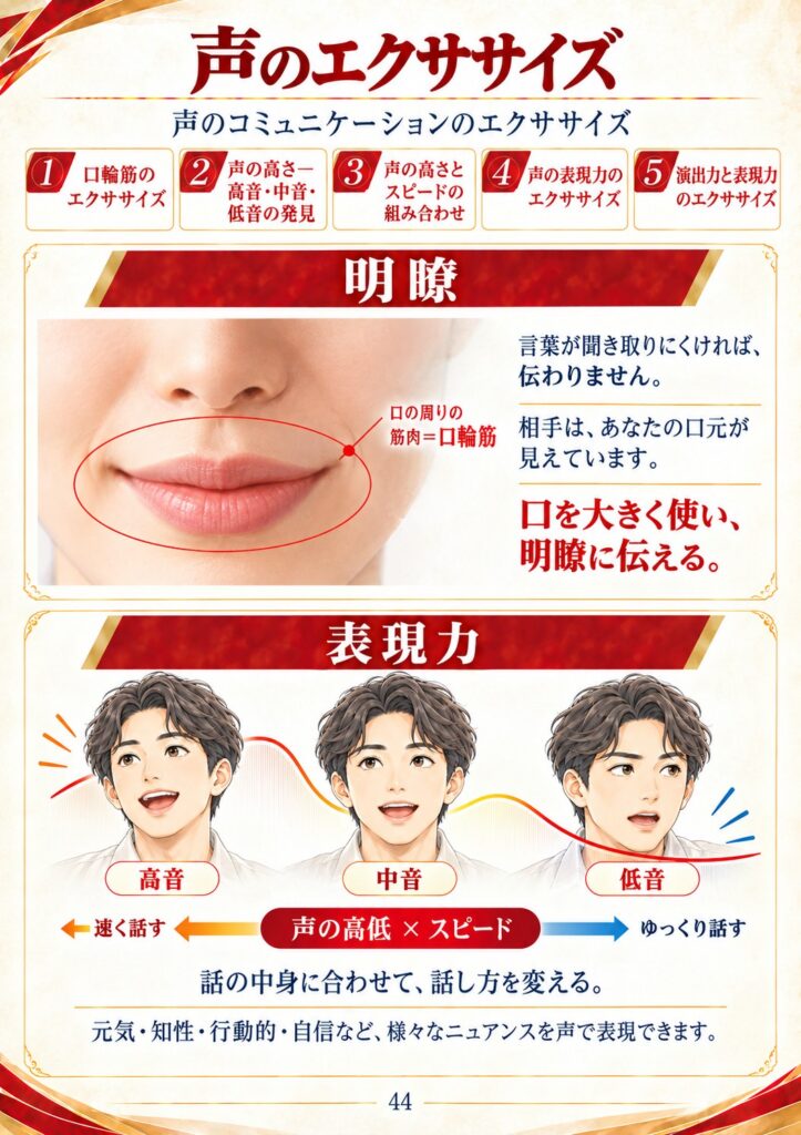 声のコミュニケーションのエクササイズ5種類。明瞭（口輪筋）と表現力（声の高低×スピード）