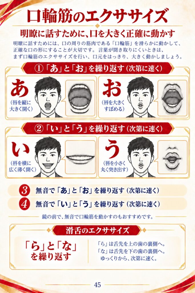 口輪筋のエクササイズ：あ・お、い・うを繰り返す。滑舌のエクササイズ