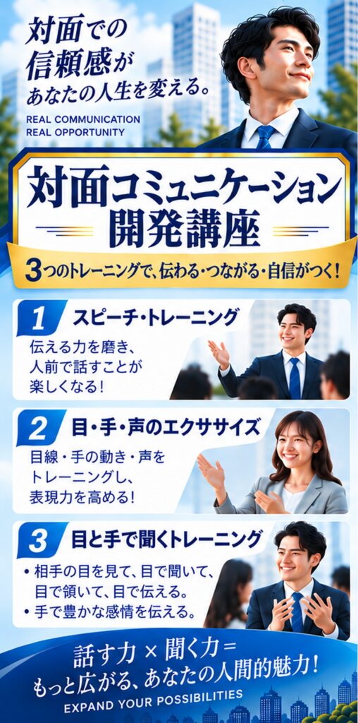 対面コミュニケーション開発講座：3つのトレーニング（スピーチ・トレーニング／目・手・声のエクササイズ／目と手で聞くトレーニング）