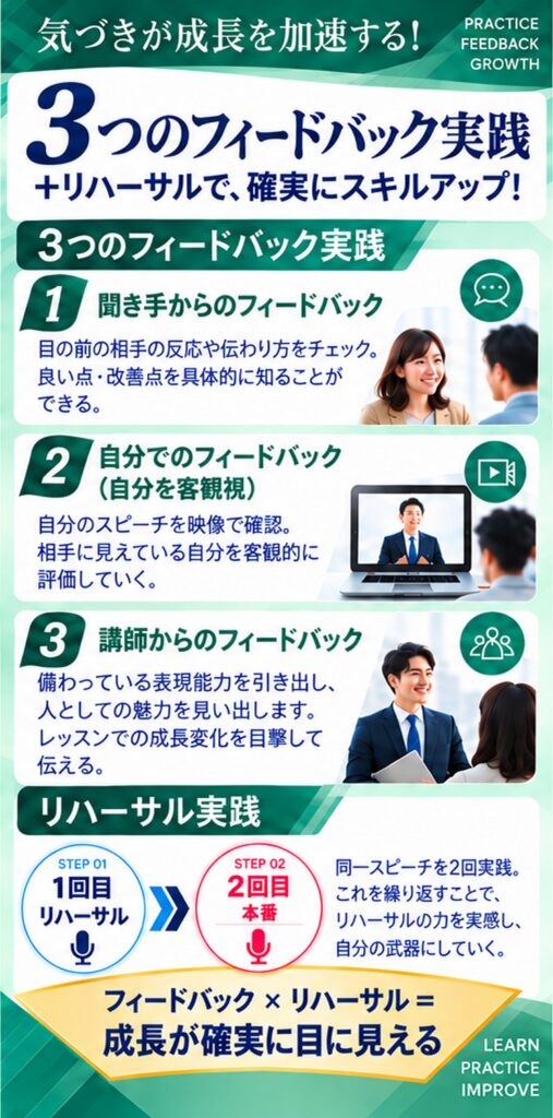 3つのフィードバック実践（聞き手・自分・講師から）＋リハーサル実践で、確実にスキルアップ