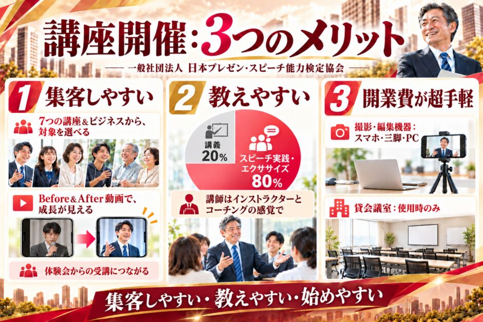 講座開催・3つのメリット（1 集客しやすい／2 教えやすい／3 開業費が超手軽）一般社団法人 日本プレゼン・スピーチ能力検定協会